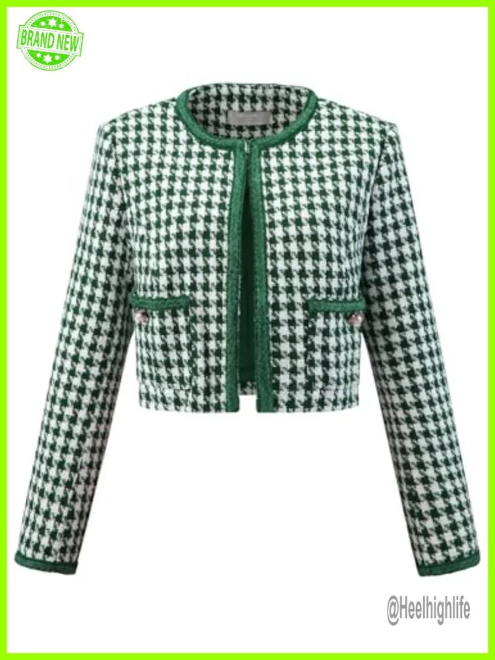 Houndstooth Collarless Cropped Tweed Blazer Jacket